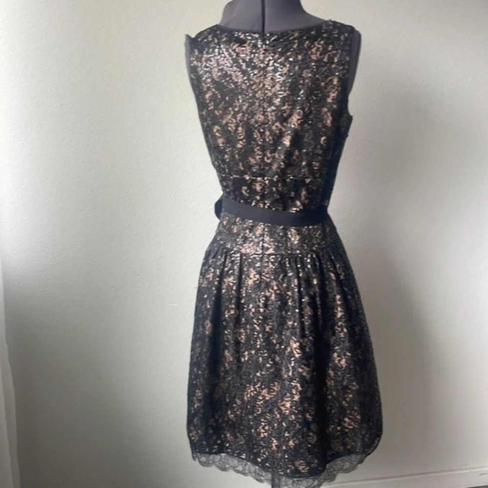 Eliza J Dress Black lace nude colored size 8 sequined balletcore fit and flare